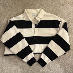 Current/Elliott Black and White Striped/ Colorblock Cropped Long Sleeve Polo